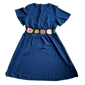 SHEIN Dress V Neck Flutter Sleeve Crochet Floral Fit & Flare Women’s Large Navy